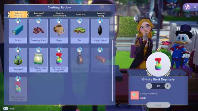 A crafting menu in DIsney Dreamlight Valley showing the items needed to craft Glitchy Pixel Duplicate