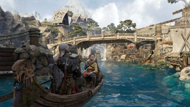 atreus and kratos sailing down river in boat in god of ragnarok