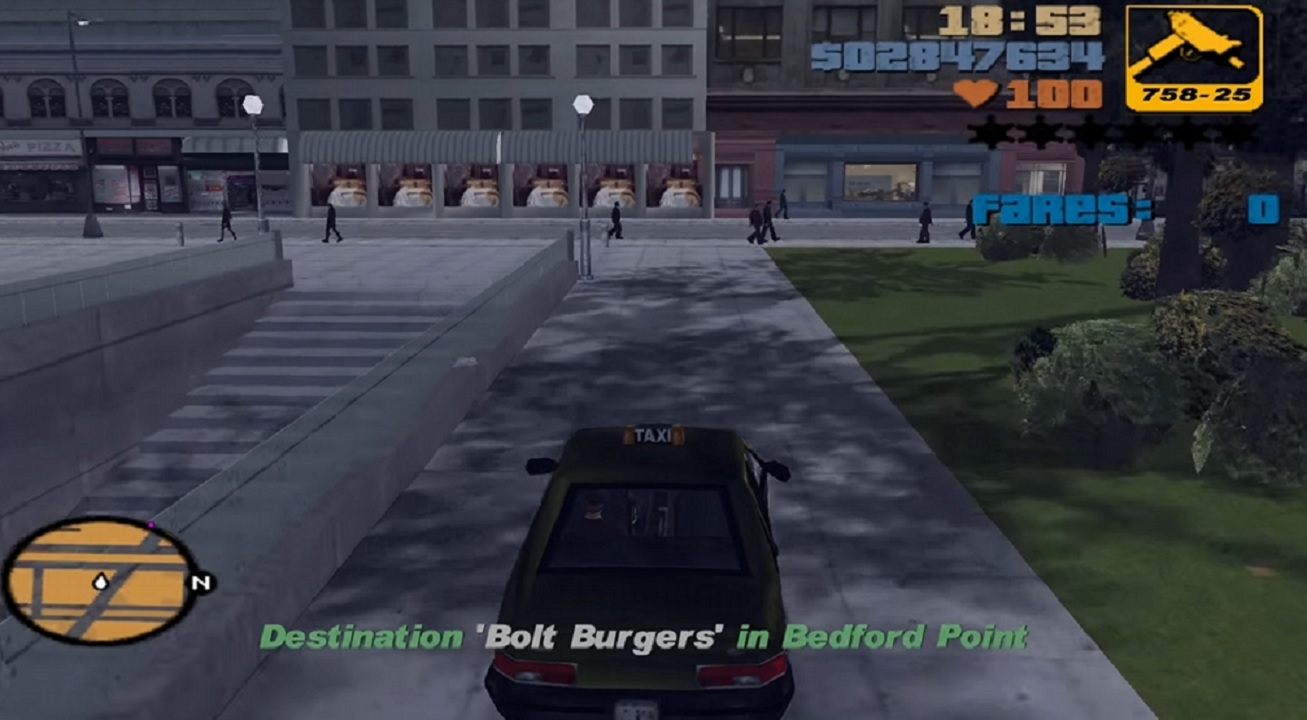 There is a shot of Grand Theft Auto 3 and the player driving a taxi.