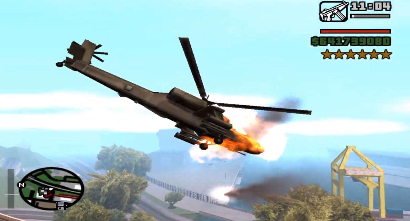 There is a shot of an army helicopter in the air. It is firing a missile.