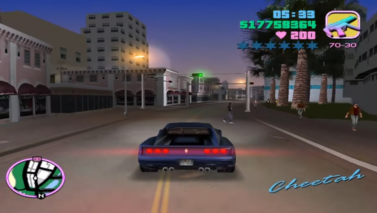 There is a shot of a Cheetah car in Vice City. It is night time.