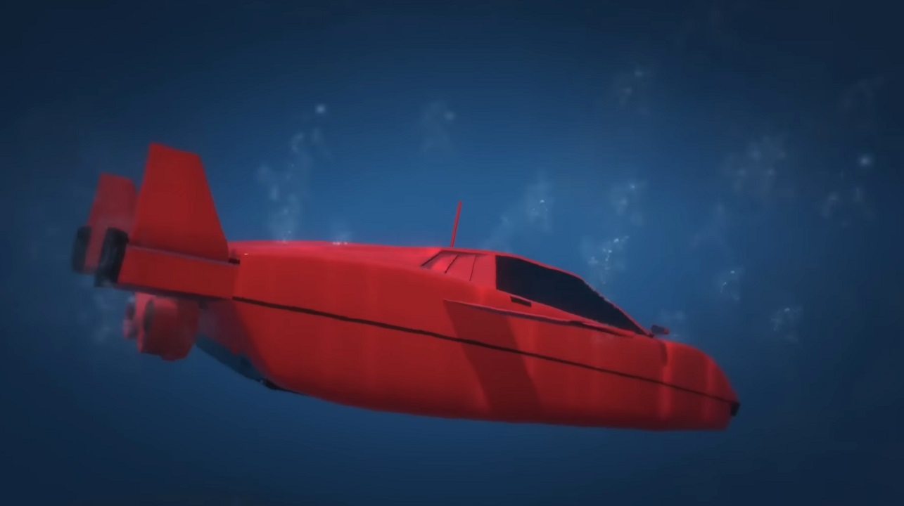 There is a shot of a car that has turned into a submarine. It is red and diving underwater.