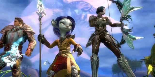 Guild Wars 2 characters with an Asura mage in the middle
