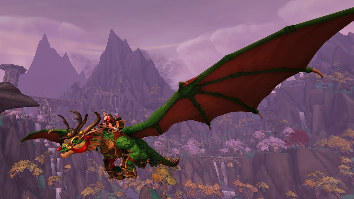 A player flying on a Highland Drake with Winter Veil armor