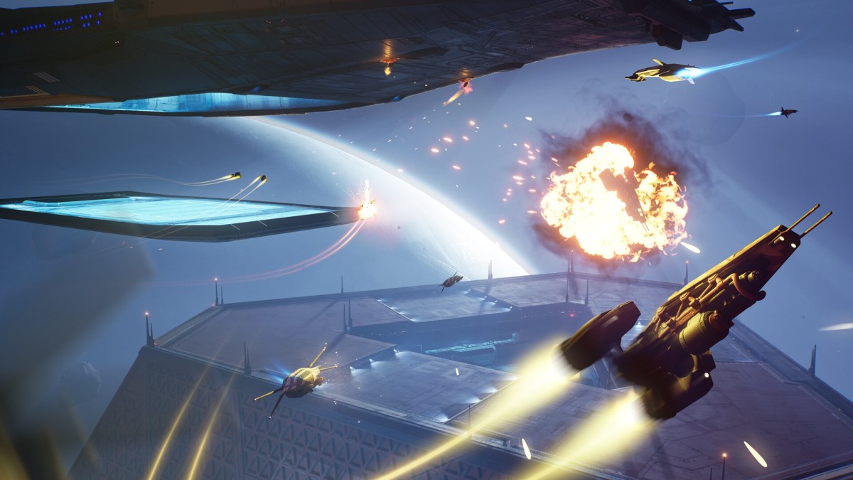 The image highlights a ship flying in Homeworld 3 with an explosion in the background.