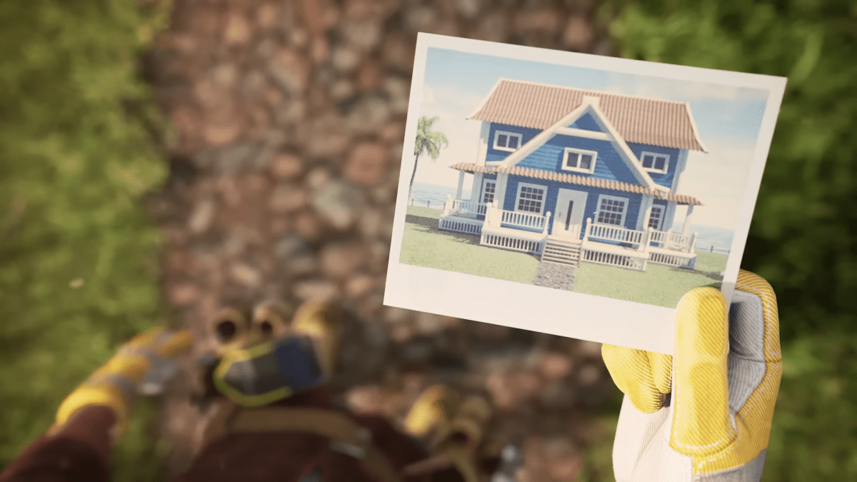 A character holds up a picture of a house from House Flipper 2