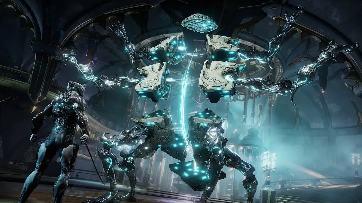 A Warframe stands in front of a giant robotic creature with eight limbs, standing on its hind legs while stretching out four arms above.
