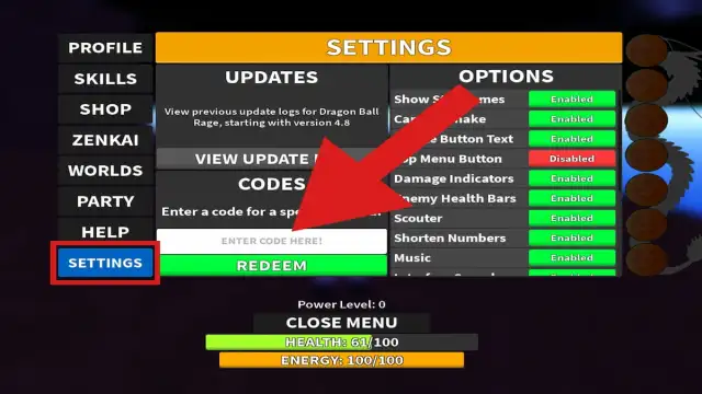 How to redeem codes in Dragon Ball Rage