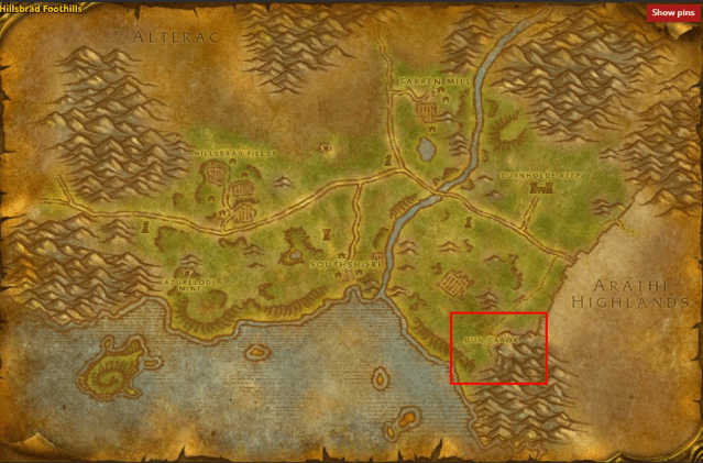 The location of Dun Garok mines in Hillsbrad Foothills in WoW Classic.