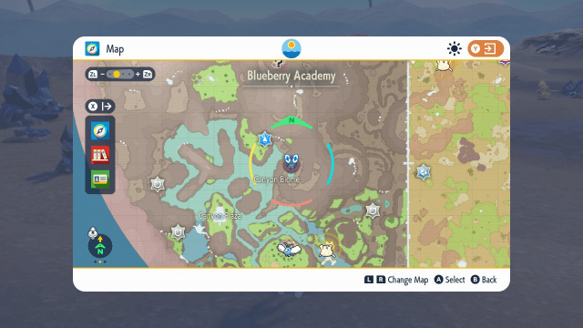 A map from Pokémon SV: The Indigo Disk shows where Kleavor can be found in the Canyon Biome.