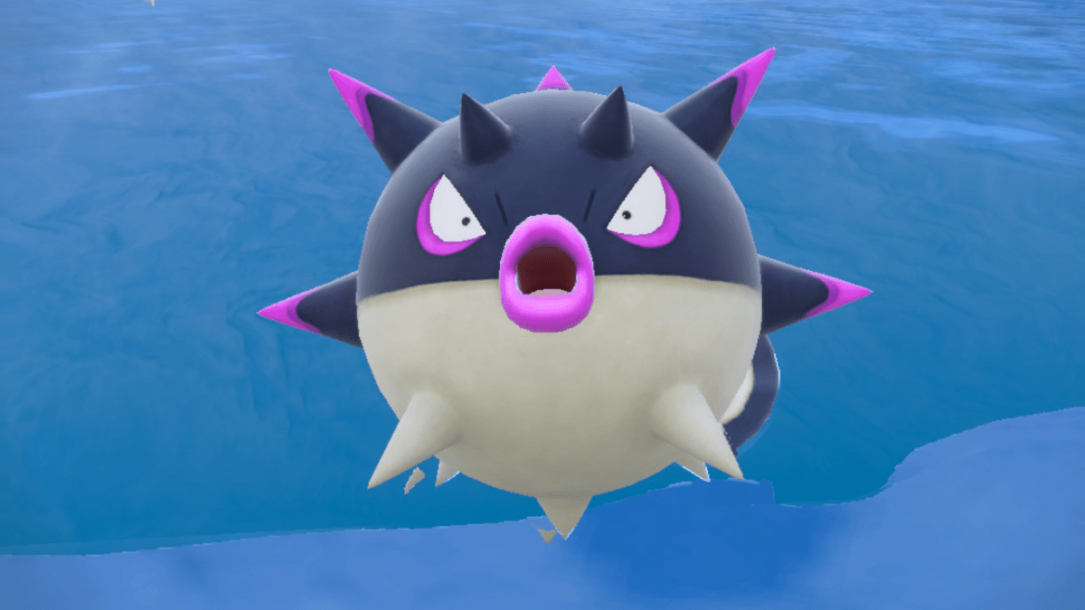 Hisuian Qwilfish, a puffer fish with purple spikes, sits in a pool of water.