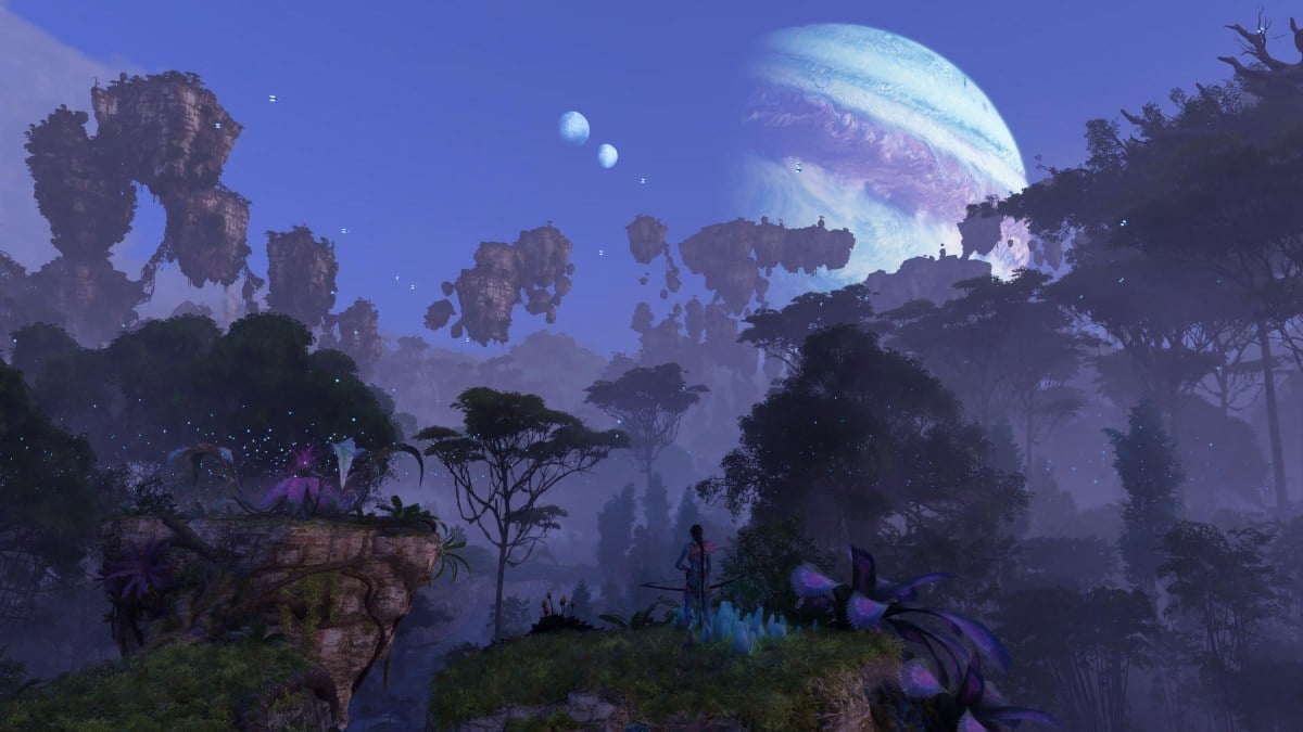 An in game screenshot of the Pandora sky from Avatar: Frontiers of Pandora