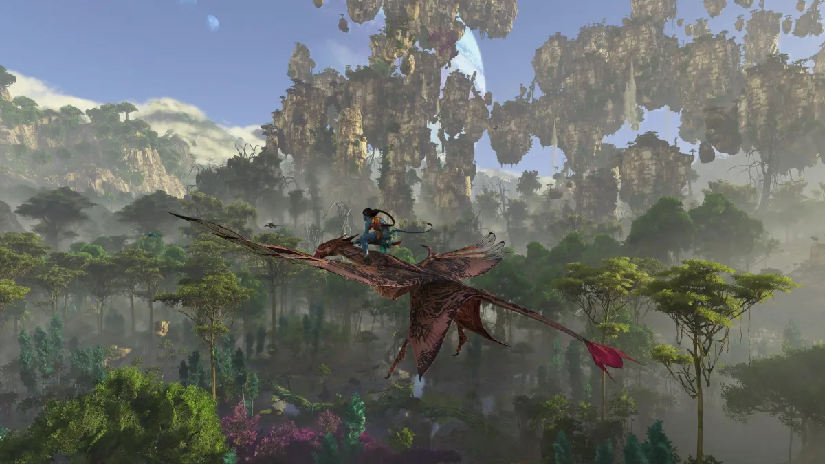 An in game image of the player character and their ikran in flight from Avatar: Frontiers of Pandora.