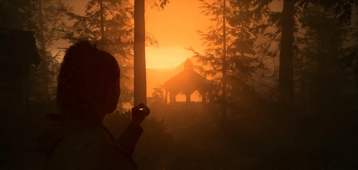 An in game screenshot of the gazebo in the rental cabins area from Alan Wake 2