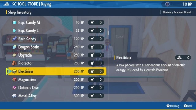 A screenshot of the School Store in The Indigo Disk showing items to purchase.