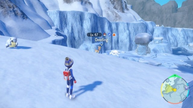 The player character locks on to a Deerling in the Blueberry Academy's Polar Biome.