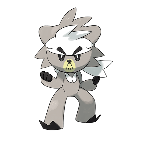 The official art of Kubfu, the Wushu Pokémon. It is a small gray bear in a fighting pose wearing a white headband.