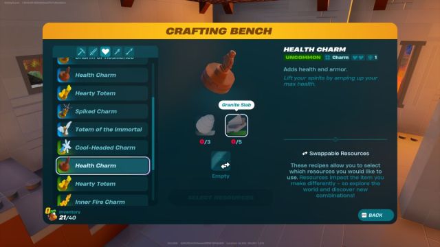 An image from Lego Fortnite of a health charm, which uses Granite Slabs to craft.