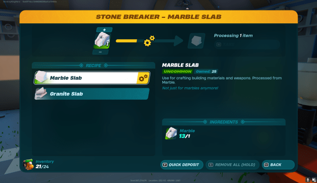 The menu of LEGO Fortnite's stone breaker, highlighting the marble slab.