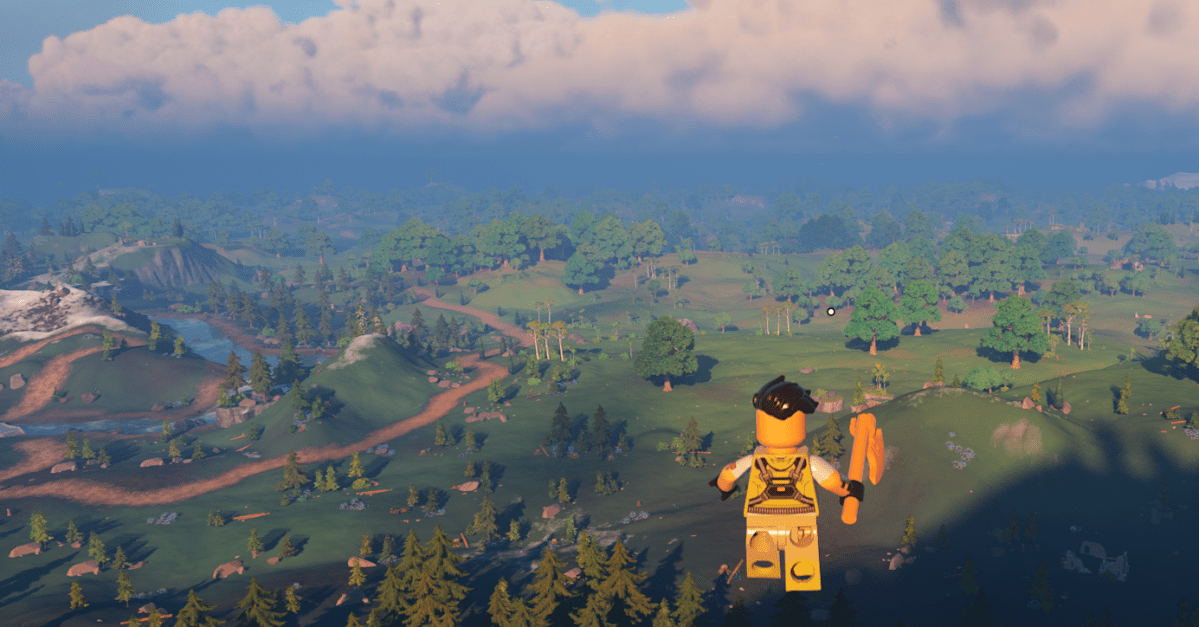 A player flies over the map in LEGO Fortnite's creative mode.