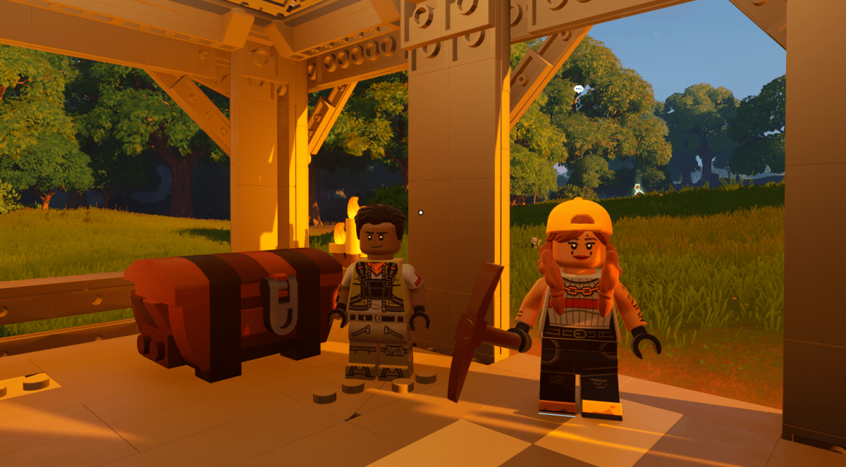 The player character and Aura in LEGO Fortnite.