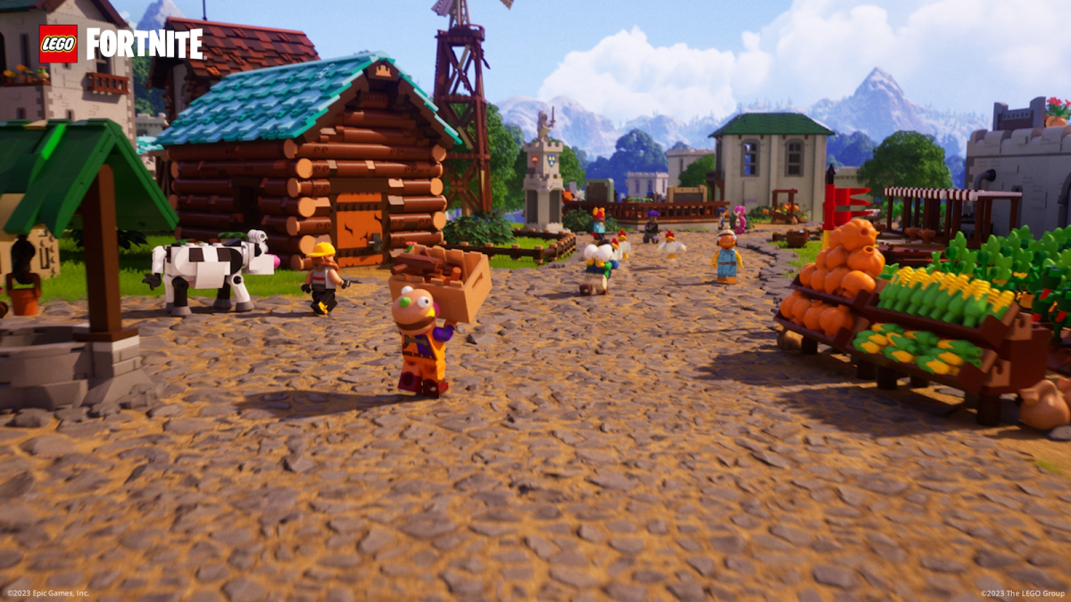 LEGO Fortnite town with players carrying items