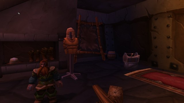 A dwarf standing next to leatherworking supplies