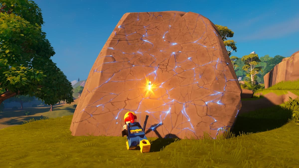 An image of a lego character in Fortnite mining a massive boulder.