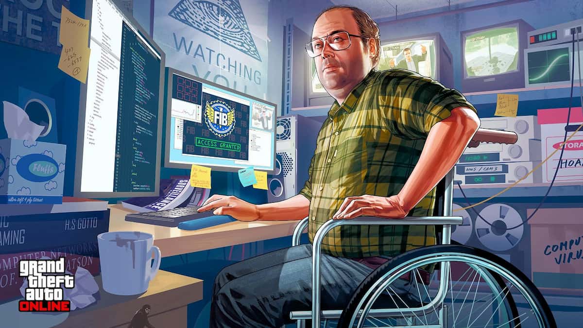 Official artwork of GTA 5 and GTA Online character Lester Crest. He's in his wheelchair using a PC.