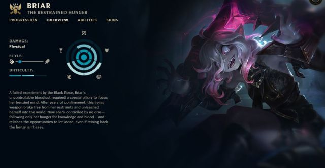 A screenshot of Briar's champion overview and splash art in League of Legends.