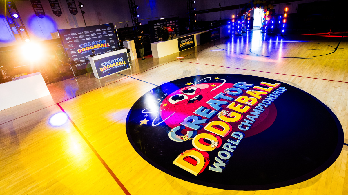 Creator Dodgeball World Championship logo displayed on a basketball court.