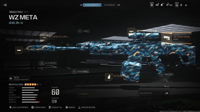 The MCW screen in MW3, showing the gun in a blue camo.