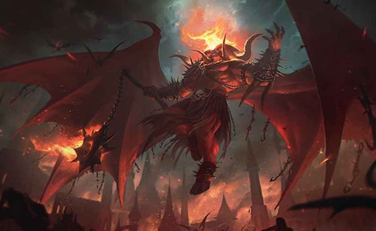 Demon towering over Ravnica as flames burn around the city