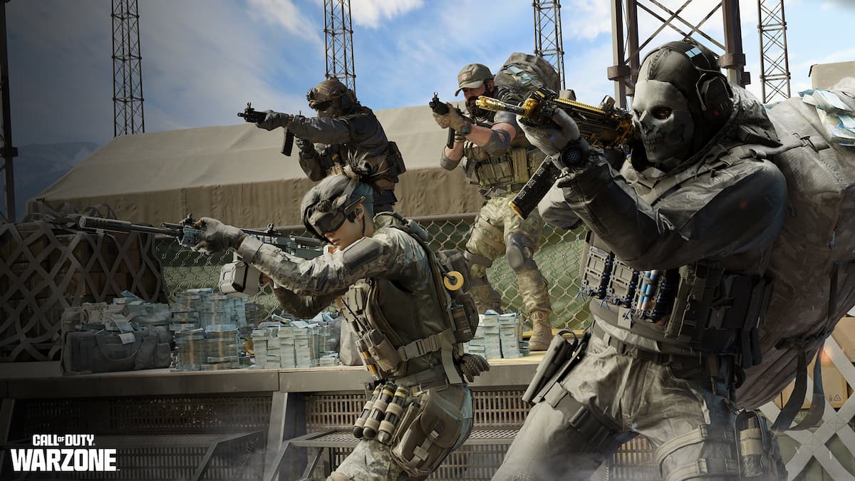 A group of Warzone operators take aim at an unseen enemy.