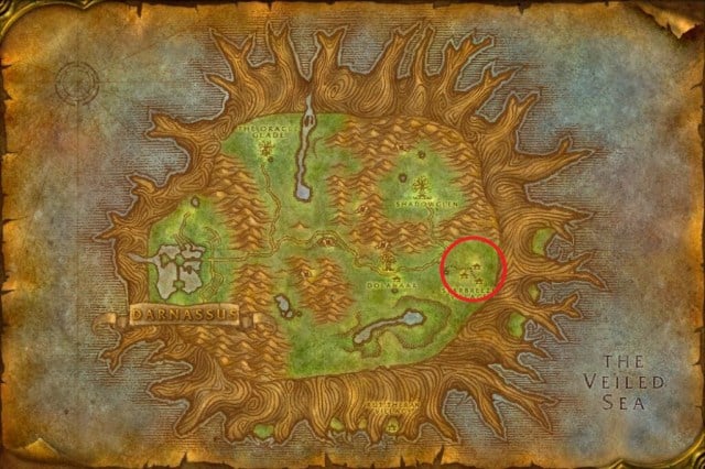 Map of Teldrassil showing the exact location where to use the Glade Crown.