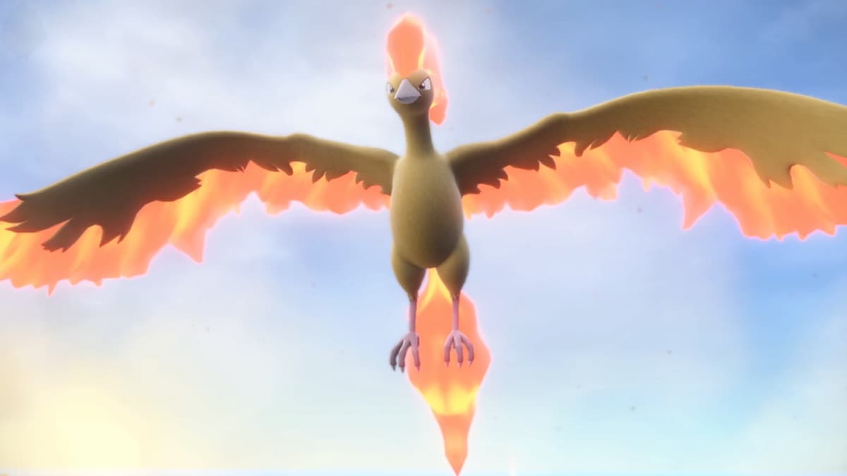 Moltres flying through the Paldean sky.