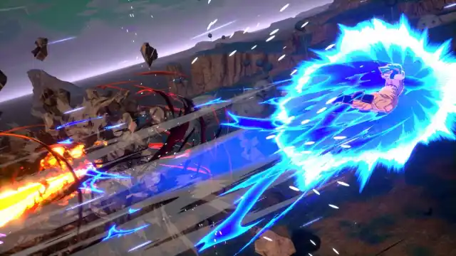 Goku flying around a destroyed battlefield in Sparking! ZERO.