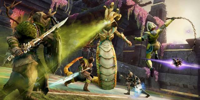 Characters battling a serpent in a green jungle temple in New World MMO