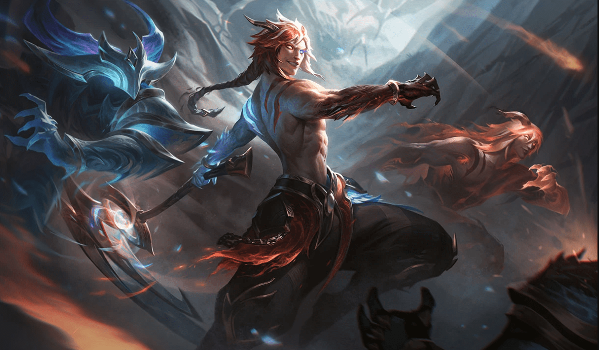 Nightbringer Kayn surrounded by two spirits and swinging his scythe.