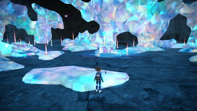 A crystal-filled room in Area Zero with many Poké Balls.