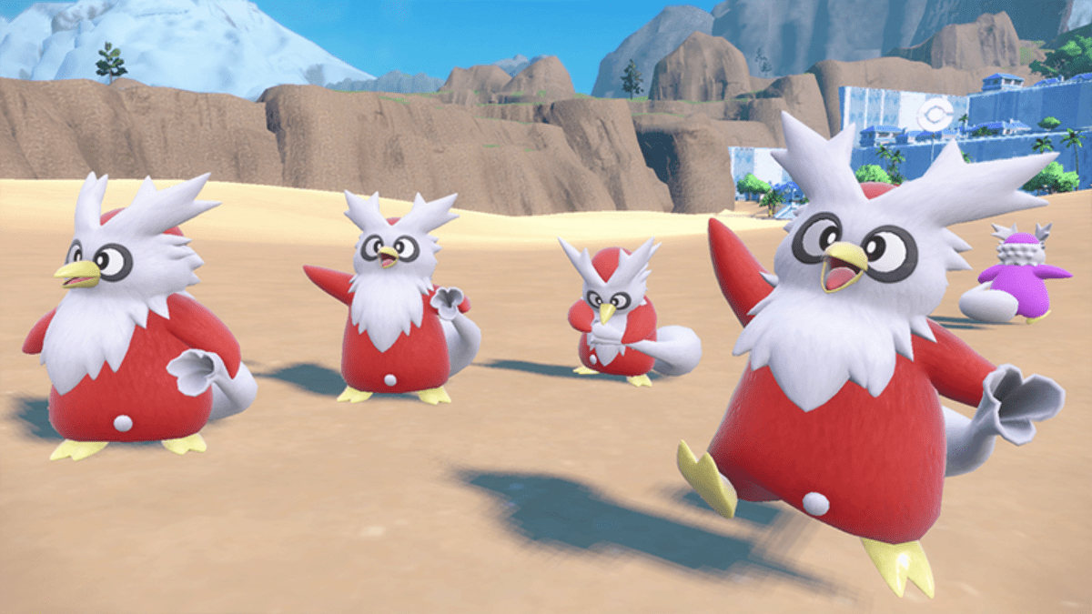 Multiple Delibird having fun on the beach in Pokémon Scarlet and Violet