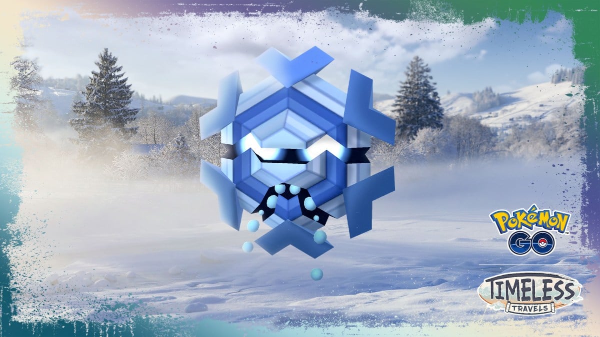 A Cryogonal stares towards the screen while floating in a frozen tundra. The Pokémon Go logo and the "Timeless Travels" season logo are present in the bottom right corner of the picture.