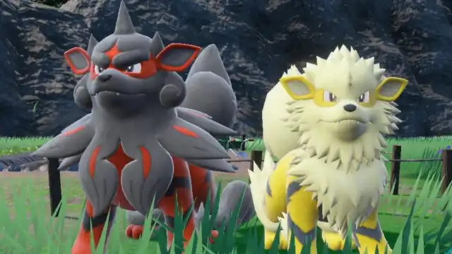 Hisuian Arcanine and Shiny Arcanine standing next to each other in a grassy field in Pokémon Scarlet and Violet.