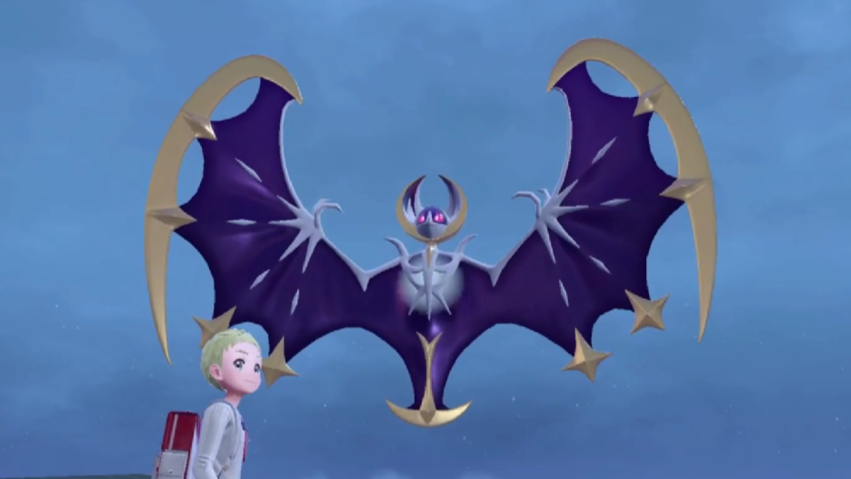 Lunala floating in front of a Pokémon trainer