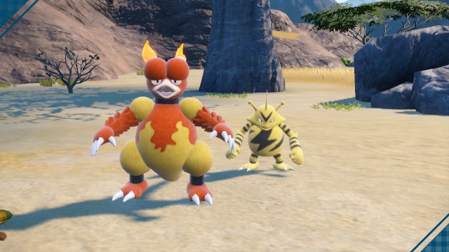 Magmar and Electabuzz standing during a picnic in Pokémon Scarlet and Violet