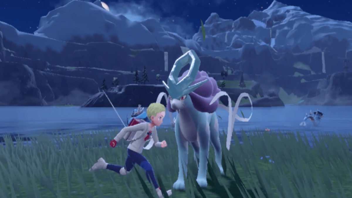 Suicune standing in the rain while a trainer runs in front of it.