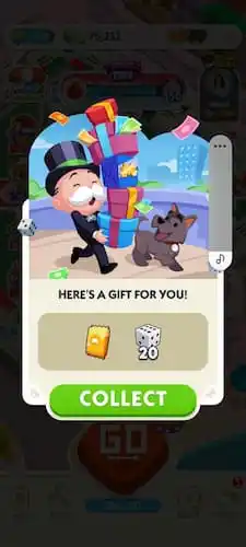 Mr. Monopoly holding gifts with dog walking beside him