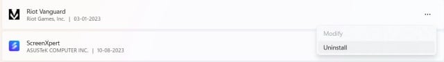 Riot Vanguard in the list of Apps and programs in Windows settings