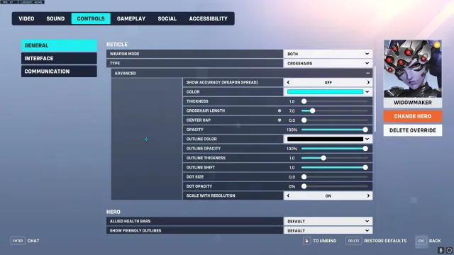 Settings for a Widowmaker crosshair in Overwatch 2.
