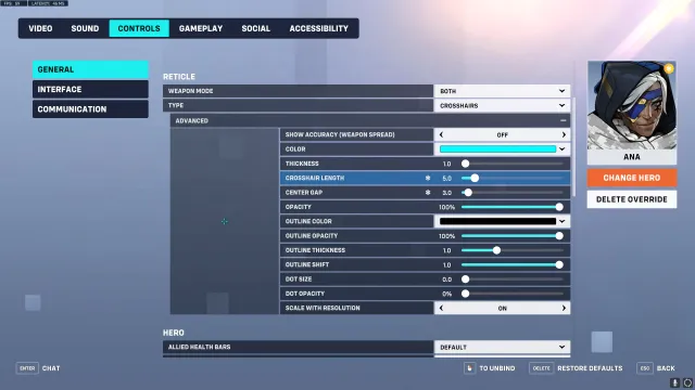 Settings for an Ana crosshair in Overwatch 2